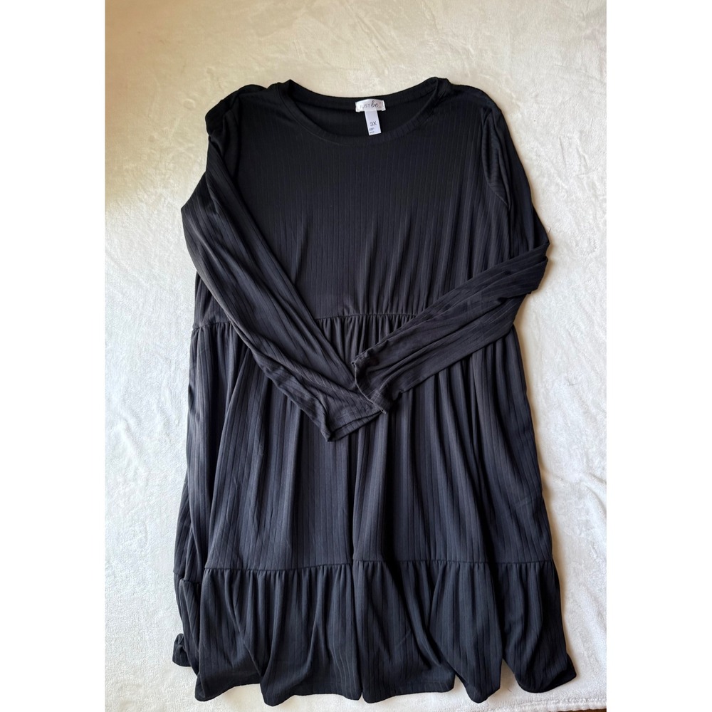 Just Be Women Black Ribbed Tiered Babydoll Dress Plus Size 3X Long Sleeve Pocket